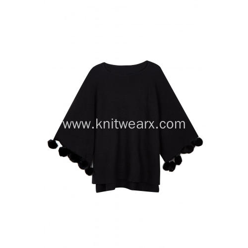 Women's Knitted Side-Slit Fox-Ball Cuff Shawl Cape